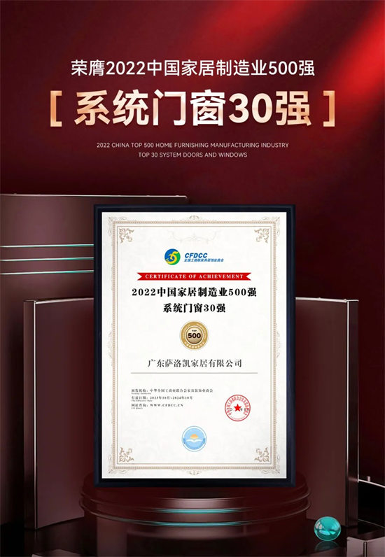 門窗品牌：薩洛凱榮膺“2022中國家居制造業500強-系統門窗30強”!